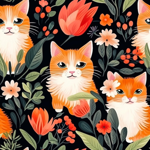 Chat noir parmi les fleurs de printemps colorées couleurs pastel design plat fond rose