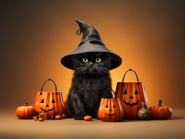 Chat Noir Porter Chapeau De Sorcière Halloween Fond Halloween