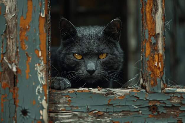 Photo un chat noir qui regarde par la fenêtre.