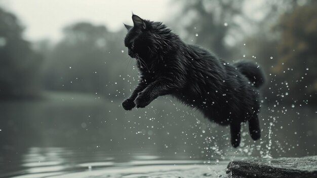 un chat noir saute d'un arbre dans un lac photo noir et blanc