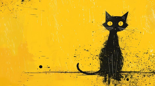 un chat noir se tient devant un fond jaune