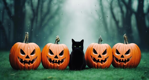 Photo un chat noir se tient devant une rangée de citrouilles orange