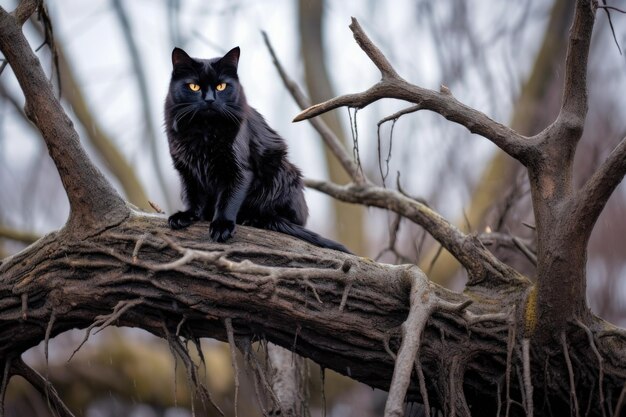 Chat noir sinistre perché sur une branche d'arbre noueuse créée avec une IA générative