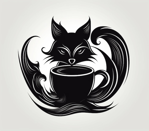 Un chat noir avec une tasse de café dedans.