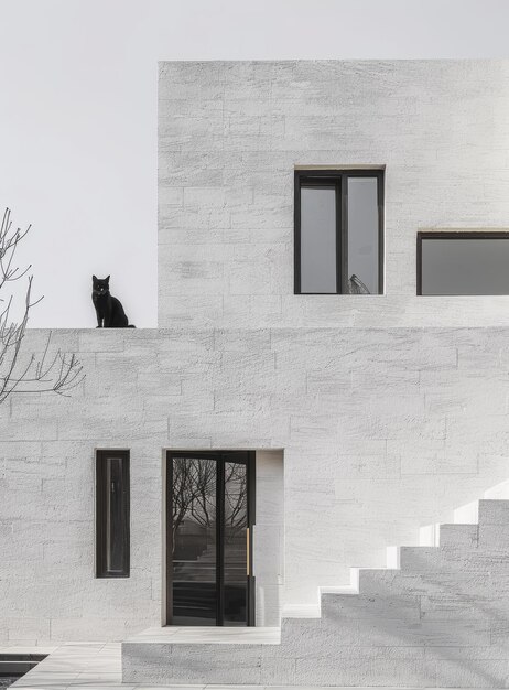 Un chat noir sur le toit d'une maison en béton blanc