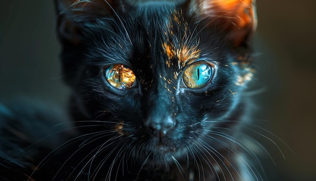 un chat noir avec des yeux jaunes et un œil bleu qui dit le mot