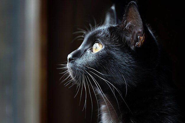 un chat noir avec des yeux jaunes regardant vers le haut