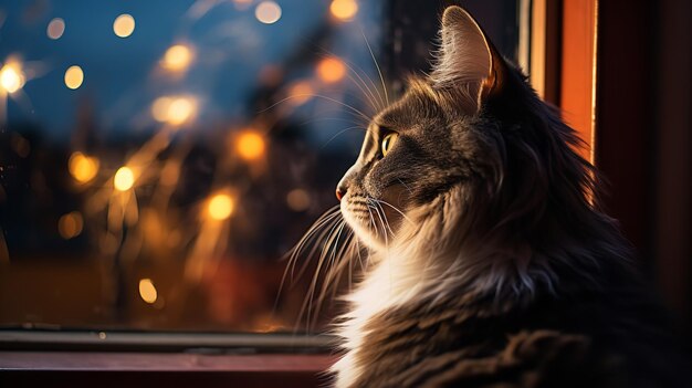 Photo un chat observant des feux d'artifice depuis la fenêtre coloré ia générative