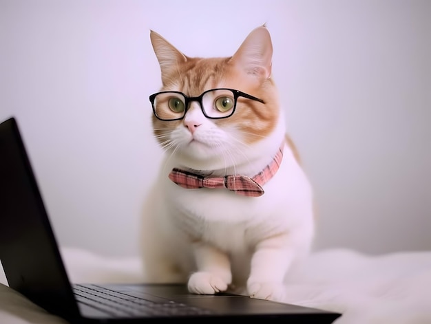 Chat occupé mignon avec des lunettes Concept d'heures d'affaires ou de bureau d'agent pour animaux de compagnie