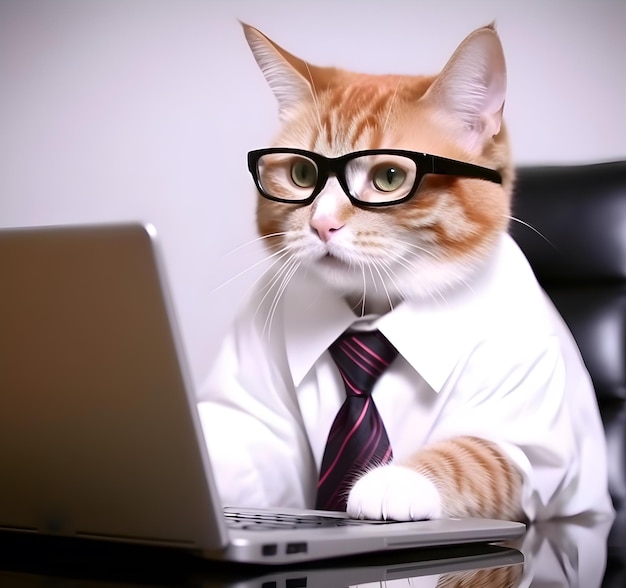 Chat occupé mignon avec des lunettes Concept d'heures d'affaires ou de bureau d'agent pour animaux de compagnie