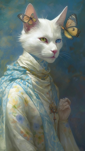 Un chat avec un œil bleu et un œil jaune est représenté dans un tableau.