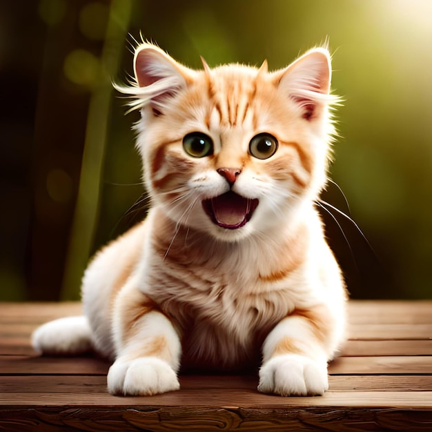 Un chat avec un oeil vert est sur une table en bois.