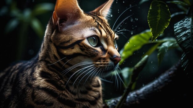 Un chat avec un œil vert et des rayures noires sur le visage