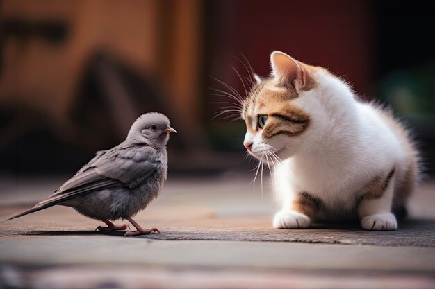 Un chat et un oiseau s'assoient et se regardent.