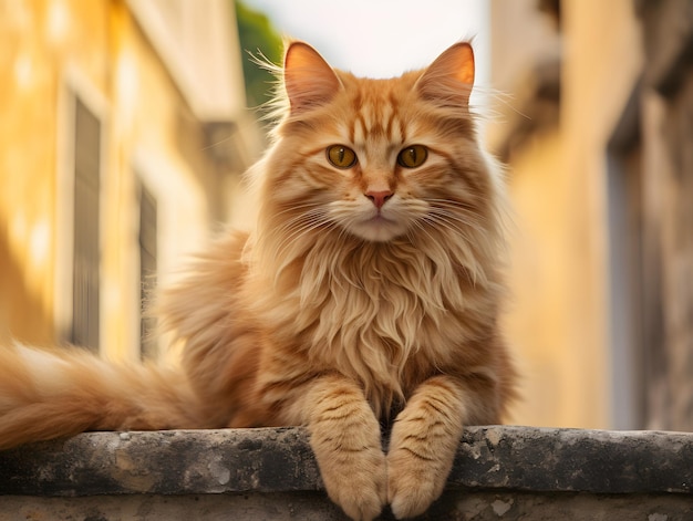 un chat orange assis sur un mur