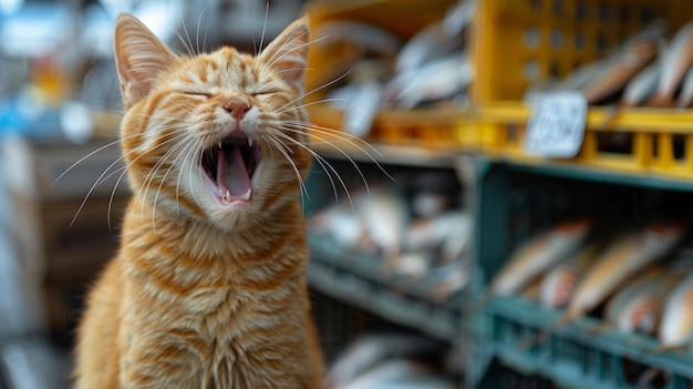 Un chat orange bâille dans un magasin