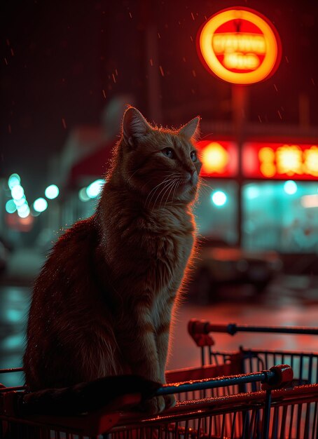 Un chat orange sur un chariot de marché alors qu'il commence à pleuvoir avec un supermarché en arrière-plan