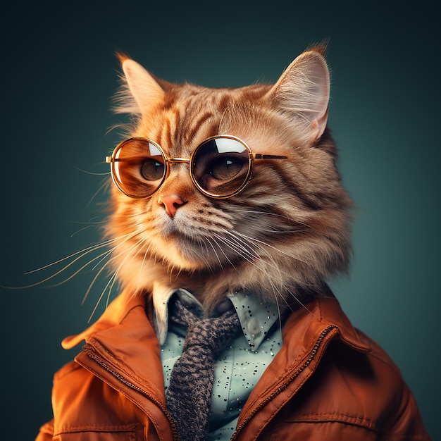 Un chat orange avec des lunettes dorées portant une chemise bleue et une veste orange