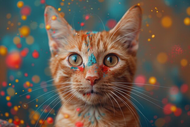 Un chat orange avec des marques de peinture bleue et jaune sur son visage célébrant le festival des couleurs Holi