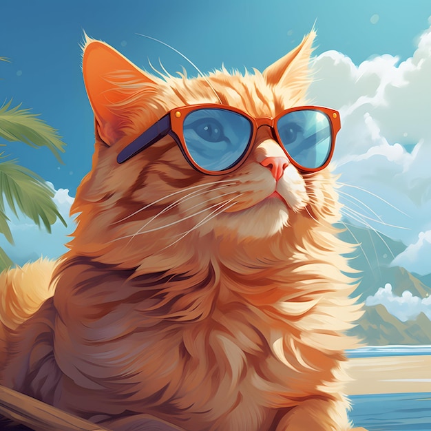 Un chat orange porte des lunettes de soleil sur la plage