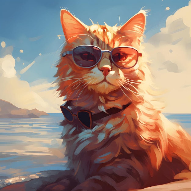 Un chat orange porte des lunettes de soleil sur la plage