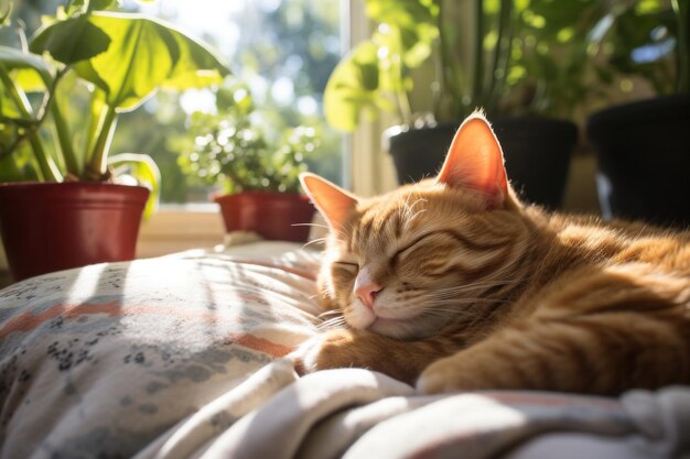 Un chat orange qui dort sur un lit.