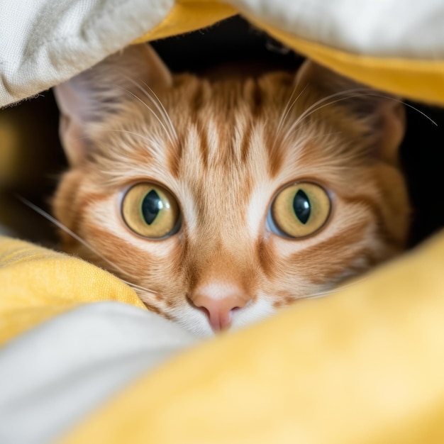 Un chat orange regardant de sous une couverture.