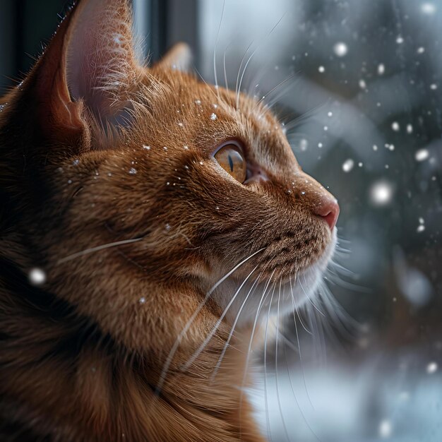 Chat orange rêveur regardant à travers une fenêtre enneigée une scène de journée d'hiver confortable portrait félin captivant AI