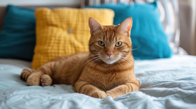 Un chat avec des oreillers de couleur derrière lui sur un lit