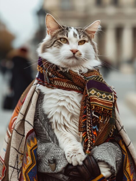 Photo un chat orné d'une écharpe et d'une veste confortables posant avec élégance