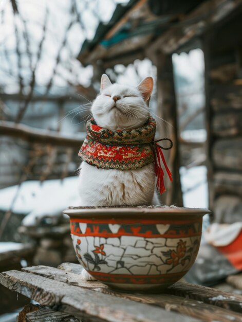 Photo un chat orné d'une écharpe et d'une veste confortables posant avec élégance