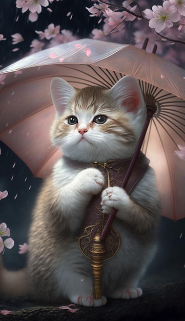 Un chat avec un parapluie rose est sous un parapluie rose.