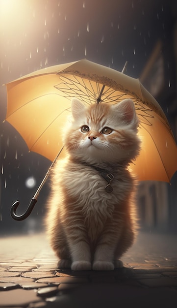 Un chat avec un parapluie sous la pluie