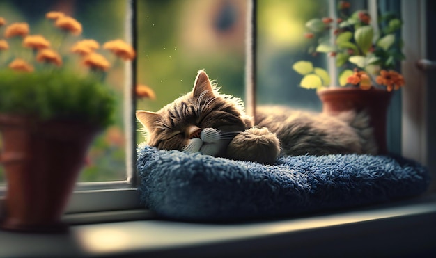 Un chat paresseux allongé sur un rebord de fenêtre avec vue sur un jardin