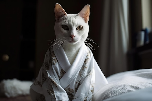 Le chat en peignoir blanc Un chat blanc au spa en kimono AI générative