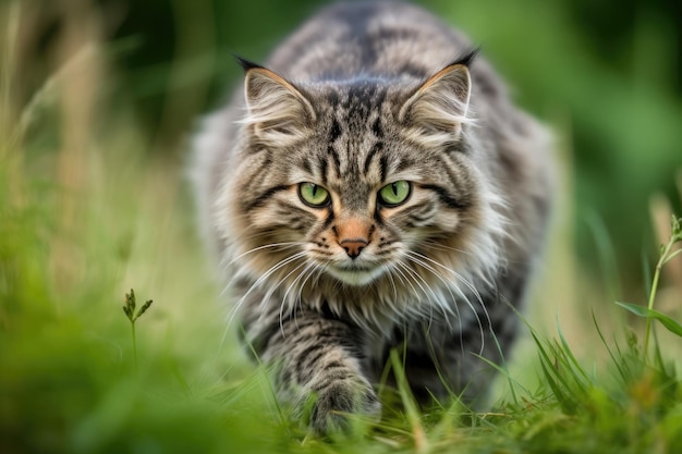 Chat sur une pelouse verte Portrait d'un chat gris moelleux aux yeux verts dans la nature