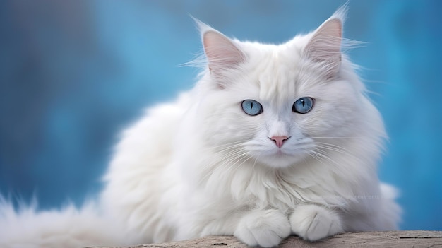 Chat pelucheux blanc avec les yeux bleus lumineux sur un fond bleu