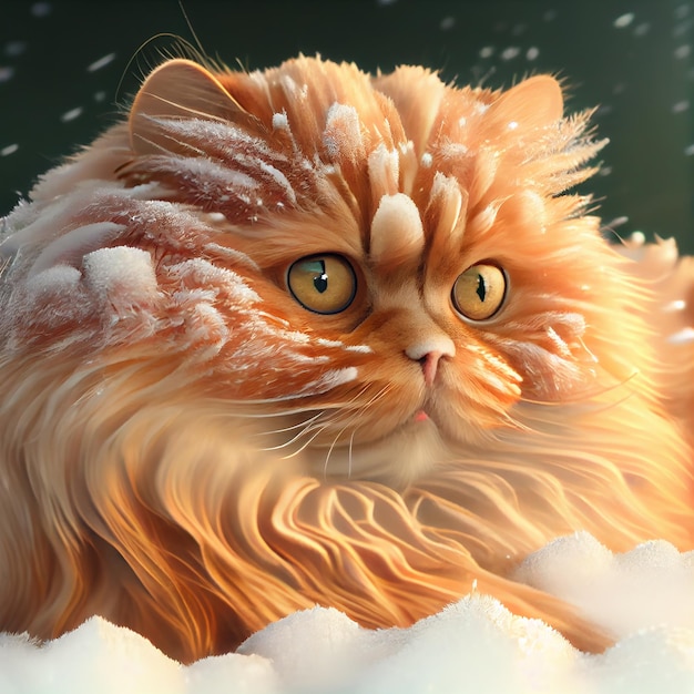 Chat pelucheux rouge réaliste dans la neige fond d'hiver IA générative