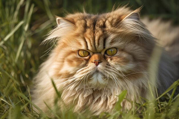 Chat persan couché dans l'herbe