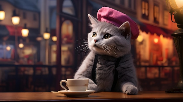 Un chat avec un petit béret assis dans un café dans une rue urbaine animée