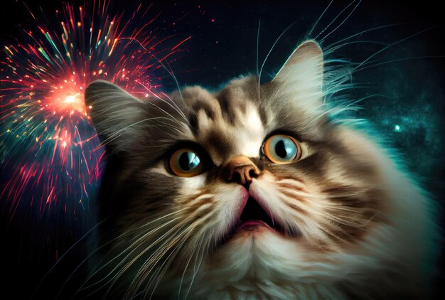 Le chat a peur et est choqué par le bruit des feux d'artifice avec le ciel en arrière-plan Pet et concept d'animal Illustration d'art numérique IA générative