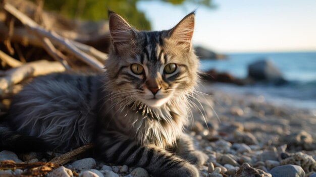 le chat à la plage moment serein