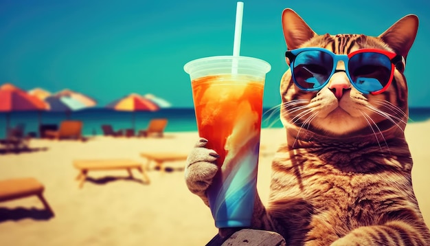 Un chat sur une plage en train de boire un verre