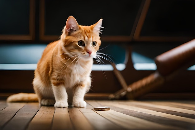 Un chat sur un plancher en bois avec une assiette devant lui