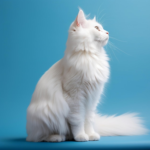 Chat à poil long blanc Montrer tout le corps du chat sur fond bleu