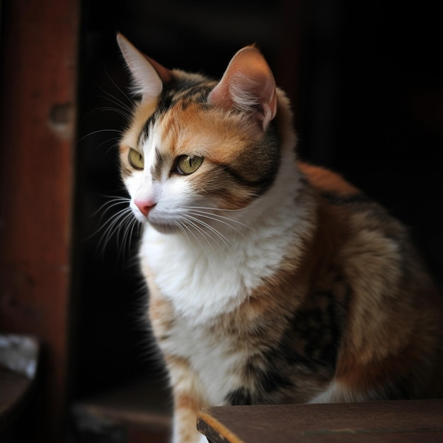 Un chat avec une poitrine blanche est assis sur une table.