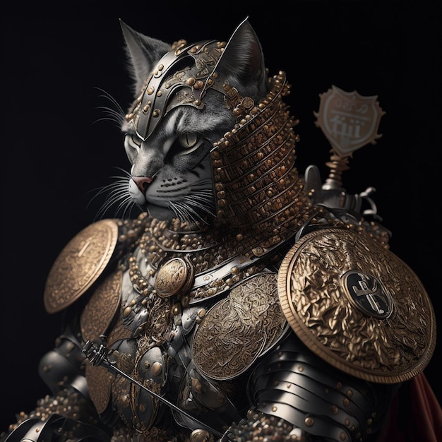 Un chat portant une armure avec le mot "h" dessus