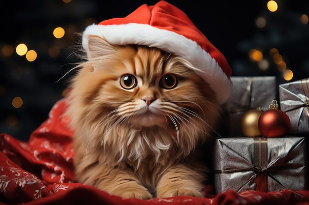 Chat portant un bonnet de Noel et des coffrets cadeaux sur fond bokeh Contenu IA génératif