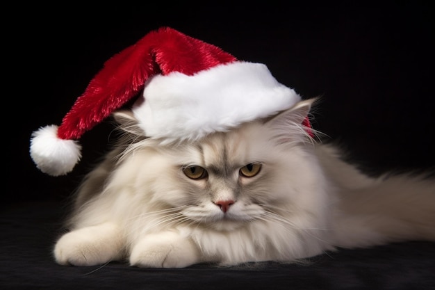 Un chat portant un bonnet de Noel porte un bonnet de Noel.