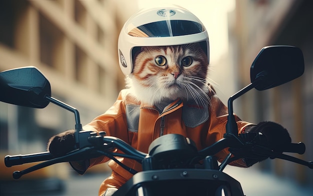 un chat portant un casque est assis sur une moto